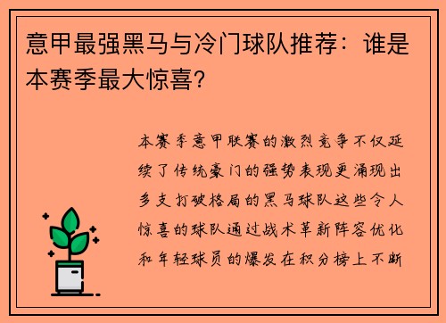 意甲最强黑马与冷门球队推荐：谁是本赛季最大惊喜？