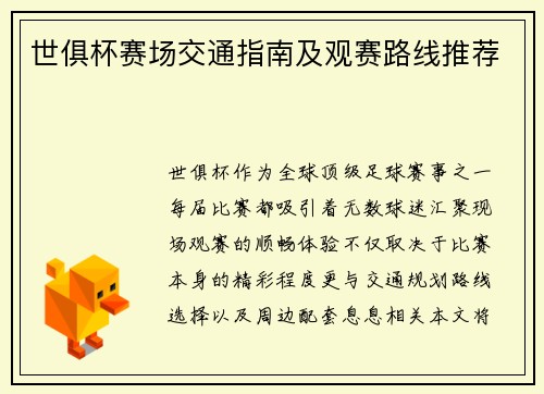 世俱杯赛场交通指南及观赛路线推荐
