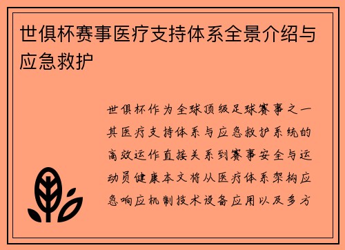 世俱杯赛事医疗支持体系全景介绍与应急救护