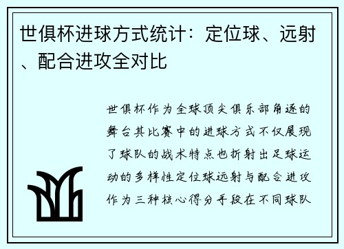 世俱杯进球方式统计：定位球、远射、配合进攻全对比